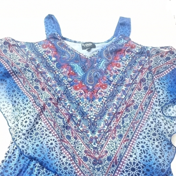 Petite Collection Tank Top w Scarve Overlay Red and Blue Sequins 4th of July - Picture 2 of 7
